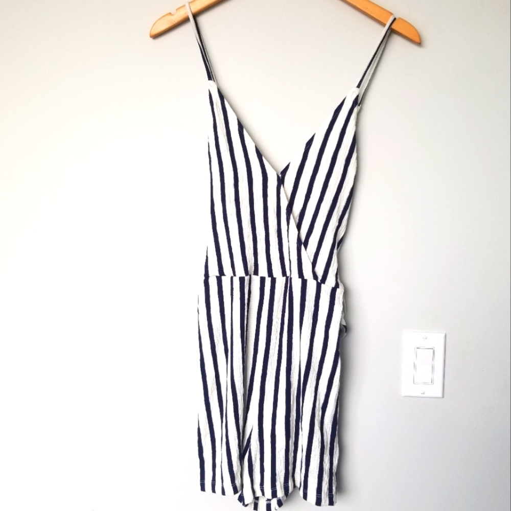 LOVE TREE  White and Navy Blue Striped, spaghetti strap Romper